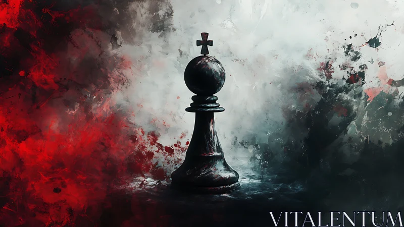 Chess king silhouette amid red and white abstract smoke