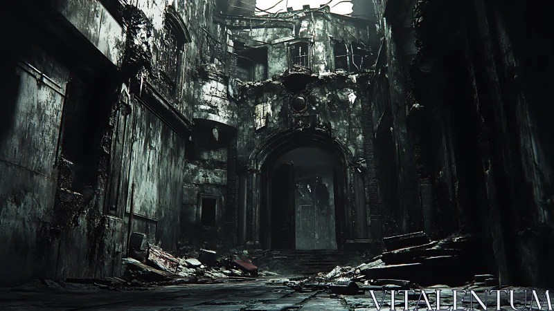 Decayed neoclassical corridor rendered as high-contrast ruin study