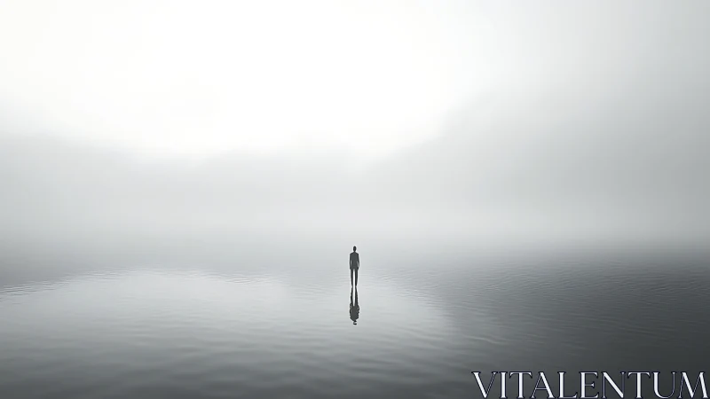 Solitary human silhouette in fog-saturated mirrored waterfield.