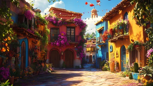 Vibrant Mediterranean alleyway with stucco facades and florals