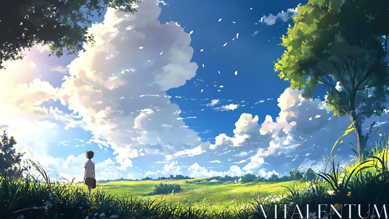 Boy under vast summer sky in luminous green meadow.