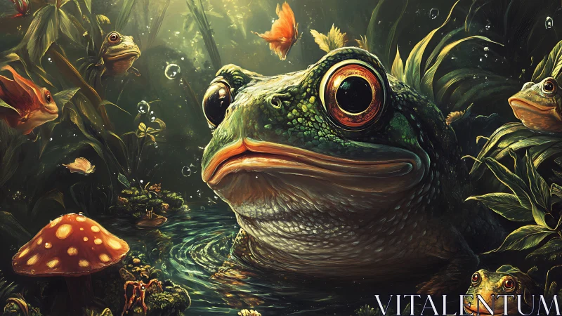 Large amphibian portrait dominates dense luminous pond ecosystem