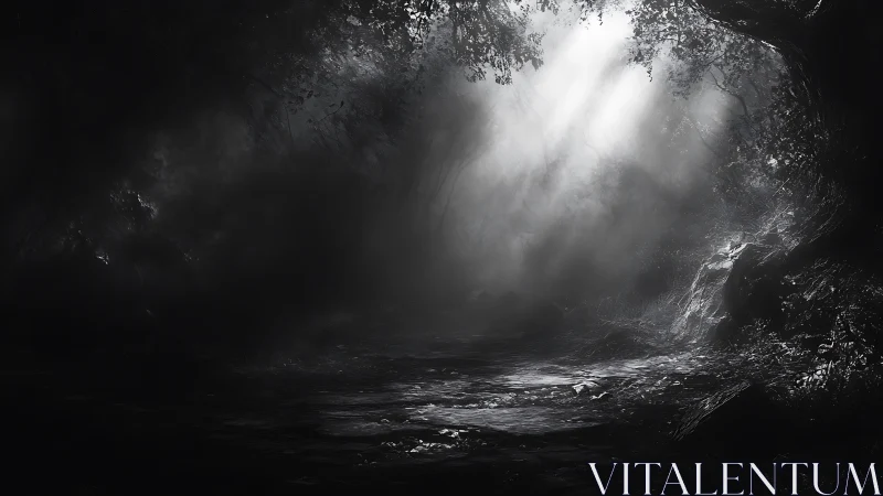 Monochrome forest corridor with chiaroscuro light shafts.