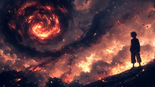 Solitary figure watching fiery vortex in apocalyptic sky.
