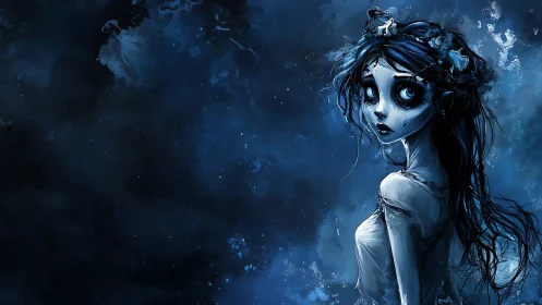 Blue-toned stylized female figure in dark abstract space.