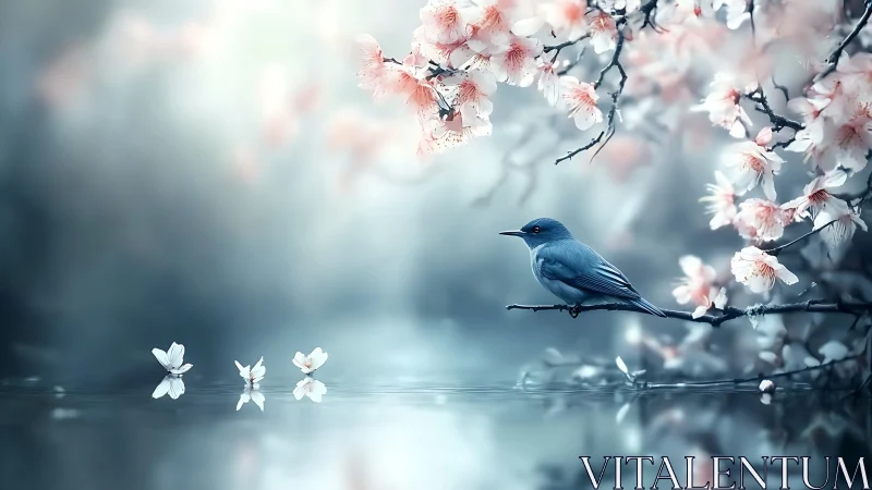 Blue bird on branch over reflective water surface.
