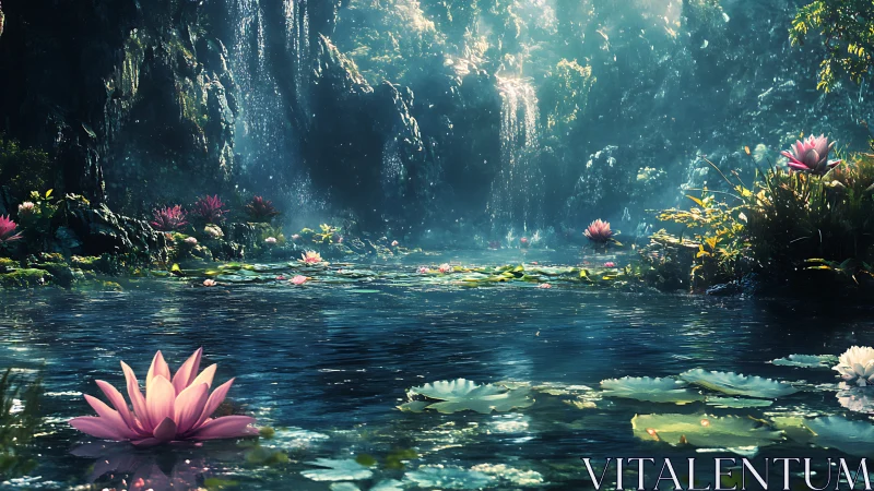 Water lily pond below rock waterfalls in dense forest.