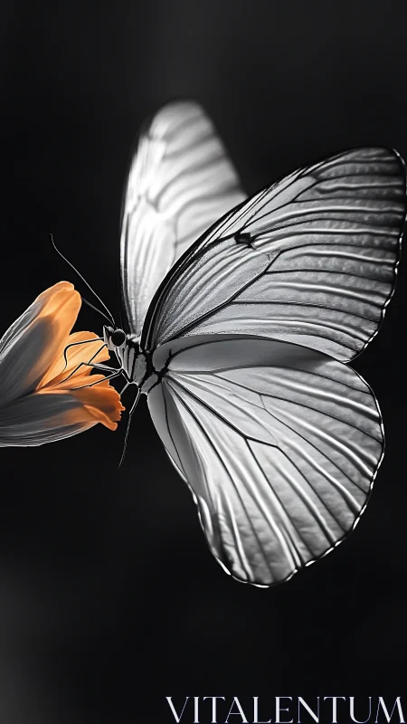 Monochrome wings pause midair to sip a ember-bright bloom