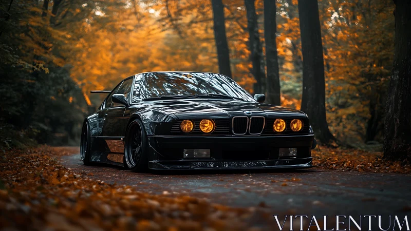 Black sports coupe on forest road amid autumn foliage.