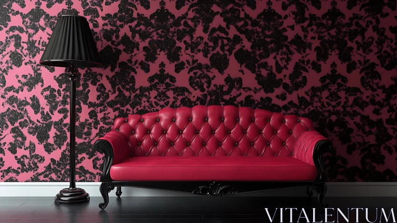 Red tufted sofa and lamp against bold patterned wall.