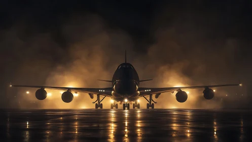 Passenger jet stands on wet runway at night in fog.
