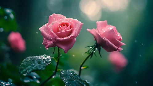 Dewdrop Romance Blooms Against Emerald Twilight