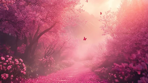 Cherry blossom path glows under soft ethereal sunrise light.