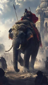 Warrior prince rides armored elephant through dusty city.