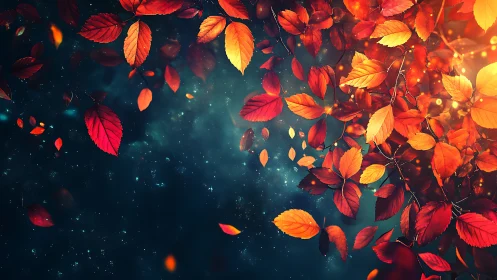 Autumn leaves swirl through dark luminous night sky