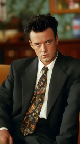 Sharp-suited man in patterned tie, shallow depth portrait study