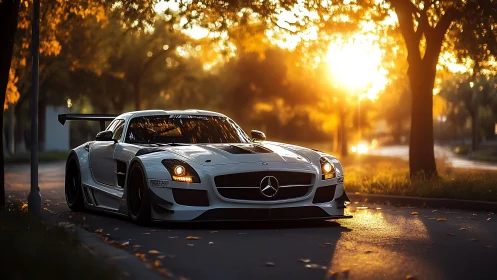 Modified white Mercedes sports car on tree lined street at sunset