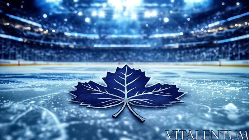 Photorealistic blue maple leaf emblem on stadium ice surface.
