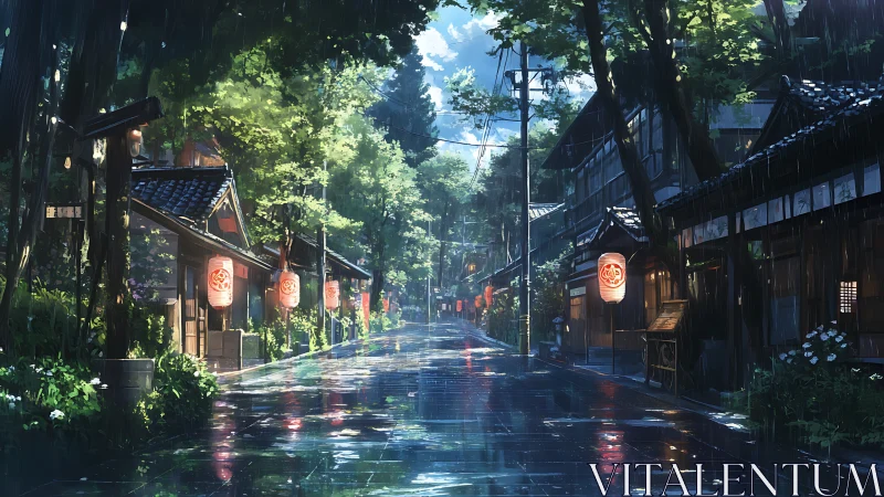 Rain-wet traditional street reflects lantern light in calm silence