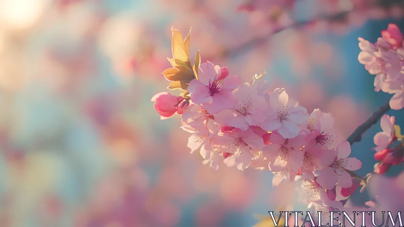 Soft-focus Cherry Blossom Cluster with Backlit Golden Butterfly.
