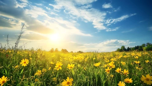 Sunlit yellow wildflower meadow extends under wide blue sky