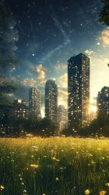 Urban high-rise skyline behind illuminated wildflower meadow.