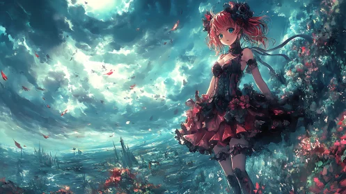 Red‑haired gothic girl stands over a stormlit ocean garden