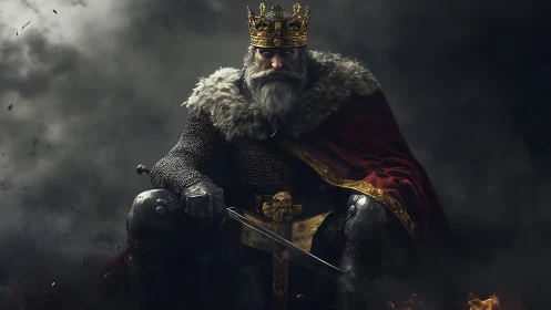 Medieval king seated in armor with crown and sword.