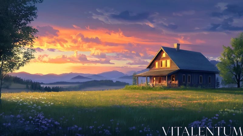 Sunlit country cottage under vivid mountain sunset sky.