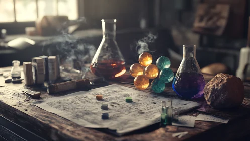 Alchemist laboratory table with steaming colorful glass orbs.