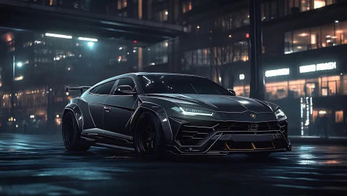 Sleek black supercar under neon city night rain glow.