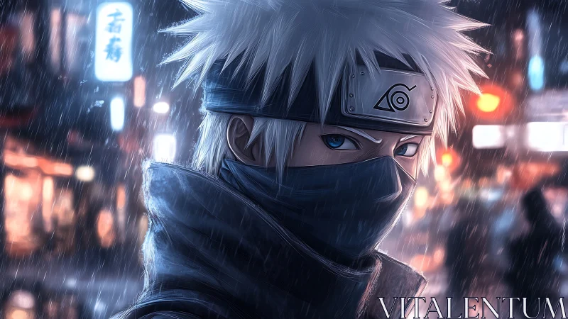 Masked anime shinobi in rain-soaked neon urban alleyway