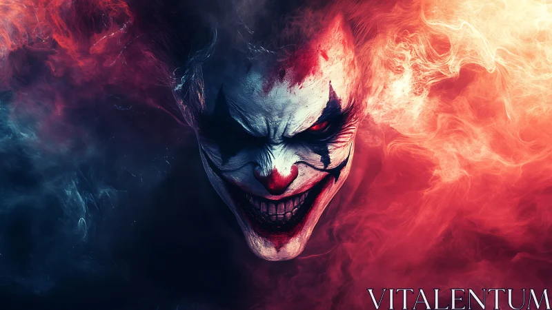 Sinister clown face emerging from red and blue smoke clouds.