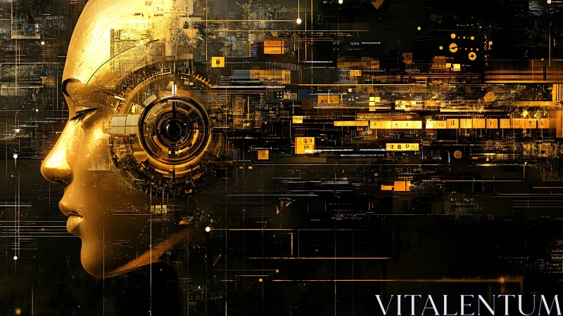 Golden cyber-muse dreaming in a lattice of radiant circuits.