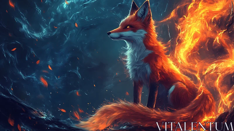 Bioluminescent fox silhouette framed by bifurcated fire and mist