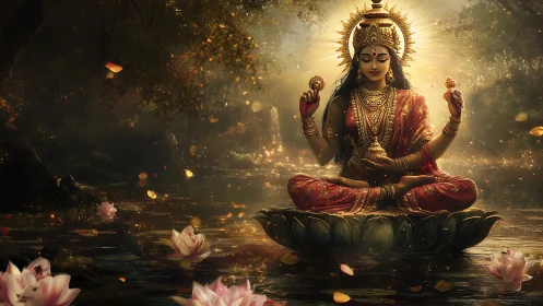 Seated goddess figure on lotus in illuminated forest pond.