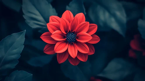 Red dahlia flower with dark foliage and blurred background