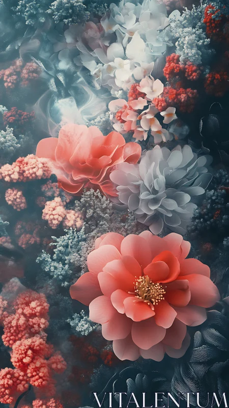 Dreamy Garden: Coral Blooms in Misty Haze.