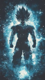 Silhouetted energy figure stands within dense cosmic field