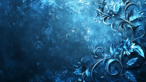 Luminous blue floral swirls emerge from a textured abyss