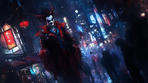 Demonic clown stalks neon city street under rainy night.