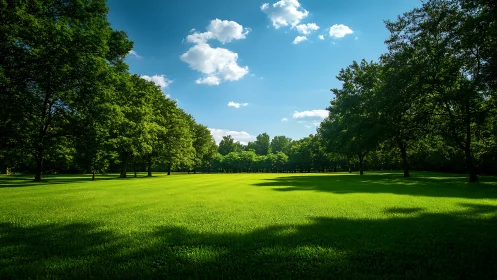 Sunlit green park meadow under bright summer blue sky.