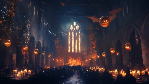 Gothic great hall glows with enchanted Halloween jack-o’-lanterns