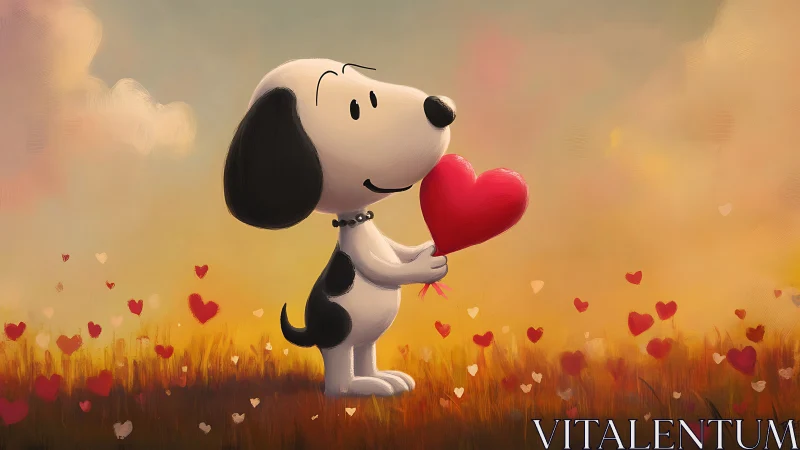 Beloved Beagle Holds Red Heart Under Golden Sky