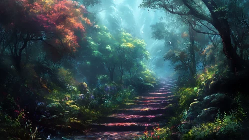 Enchanted Forest Path with Glowing Luminescence Through Canopy