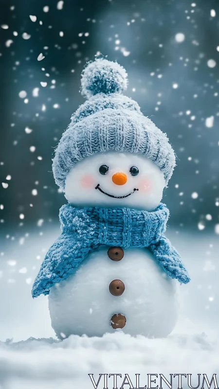 Snowman portrait with knitted blue winter accessories in snowfall