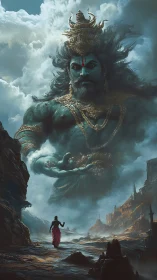 Colossal sky deity gazes down as lone traveler walks below