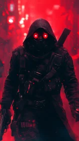 Hooded cyber soldier with red glowing eyes in city street