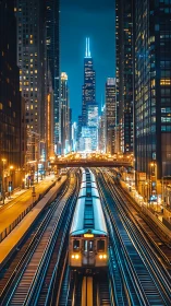 Night city train gliding through glowing downtown tracks.