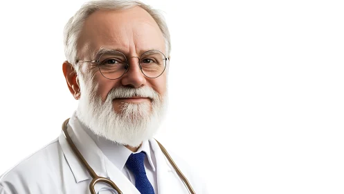 Senior doctor smiles confidently in white medical coat.